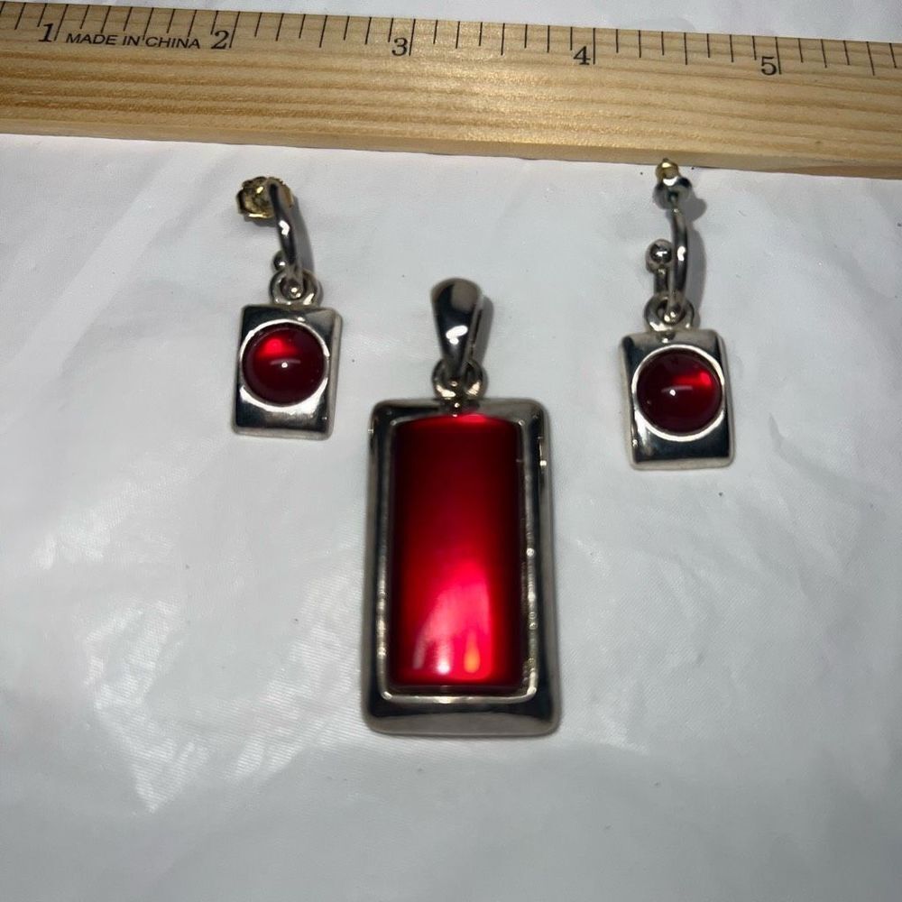 Silver Tone and Red Glass Pendant and Earring Set